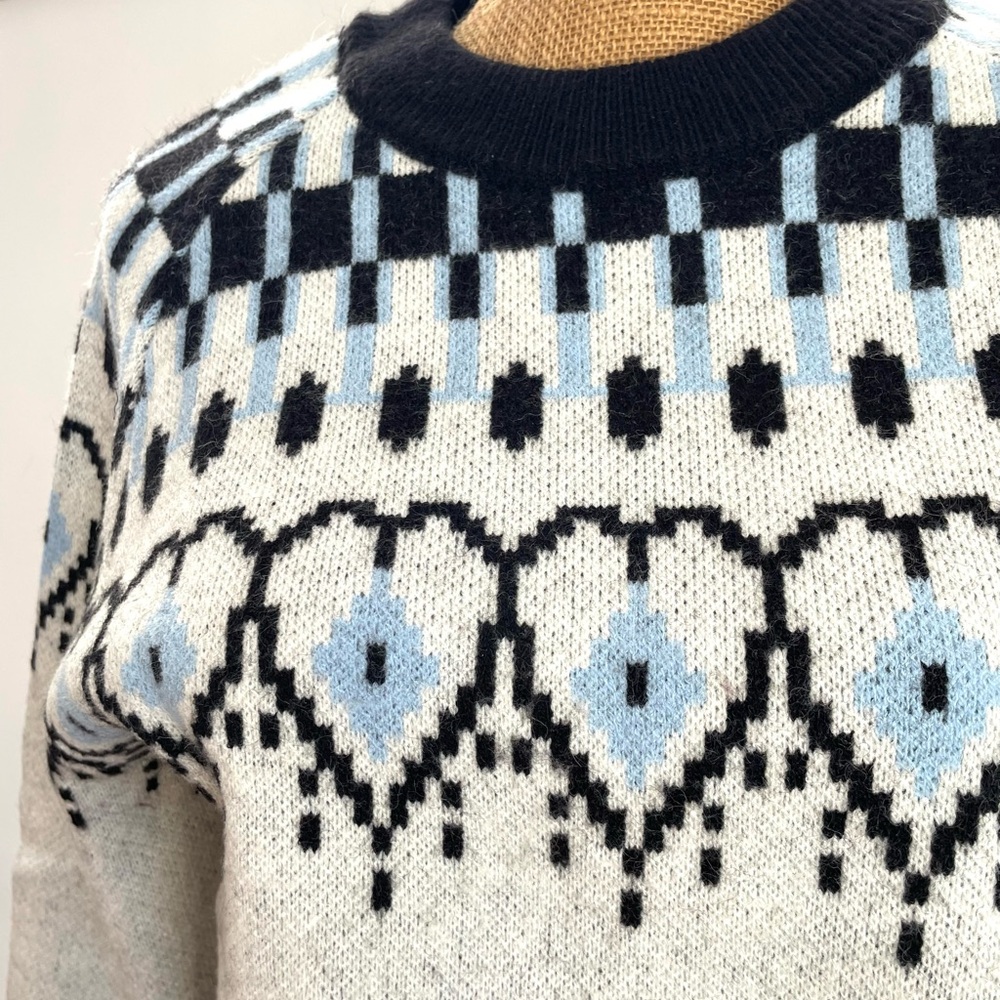Fair Isle Scandi Pullover Sweater, Pretty Balloon Sleeve, Ivory Blue Black Heart - Picture 3 of 14